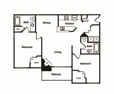 Floor plan for 2 beds, 2 baths, 1070 sqft